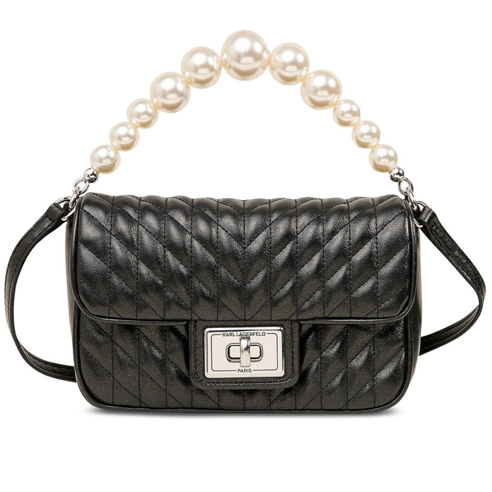 Karl Lagerfeld Paris Quilted Black Crossbody Bag Pearl Strap NWT